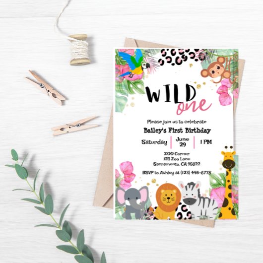 Wild One Jungle Girls Birthday Invite Kaart