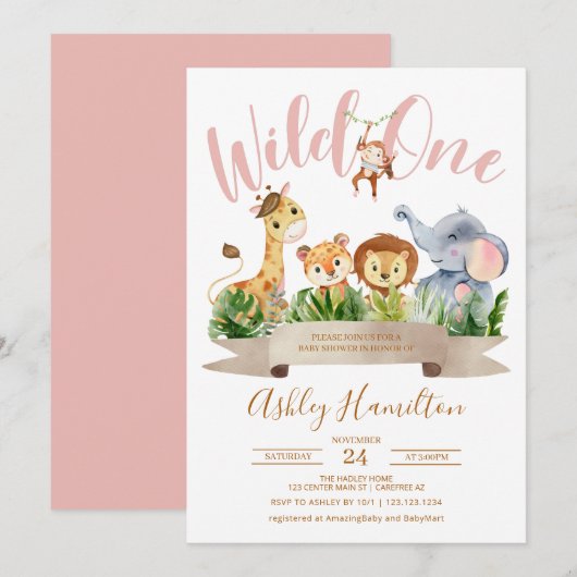 Wild One Jungle Roze Baby Shower Kaart (Voorkant / Achterkant)