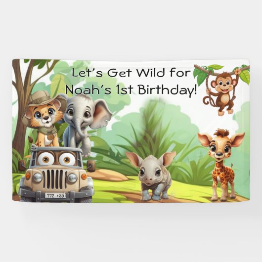 Wild One Jungle Safari Verjaardagsbanner – 1e Verj Spandoek (Horizontaal)