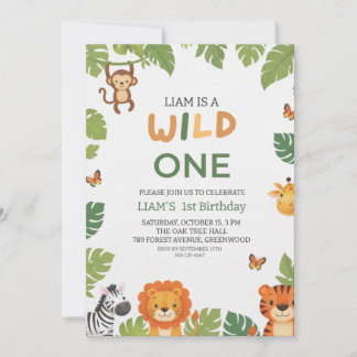 Wild One Jungle Theme 1st Birthday Party Invite Kaart