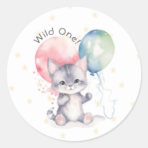 Wild One kitten ballonnen 1e verjaardagsfeestje Ronde Sticker