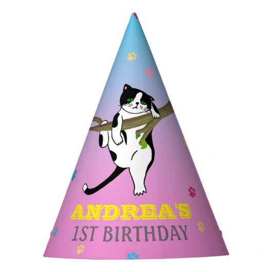 Wild One Kitty Cat Kitten 1e verjaardag Paarse bla Feesthoedjes (Voorkant)