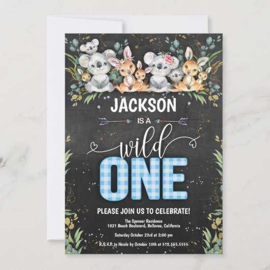 Wild One Koala & Kangaroo Gingham 1e verjaardag Kaart (Voorkant)