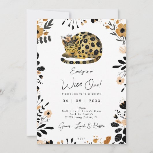 Wild One Leopard Bloemen 1e Verjaardag uitnodiging (Voorkant)