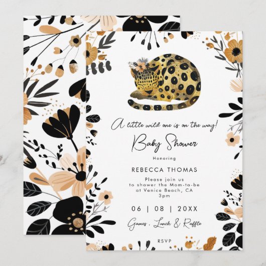 Wild One Leopard Bloemen baby shower Uitnodiging (Voorkant / Achterkant)