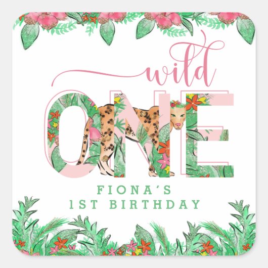 Wild One Leopard First Birthday Vierkante Sticker (Voorkant)