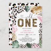 Wild One Leopard Pink Party Animals 1st Birthday Kaart (Voorkant / Achterkant)