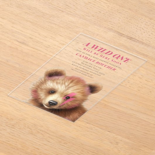 Wild One Lightning Bolt Cub Roze Baby shower Acryl Uitnodigingen (Laagn)