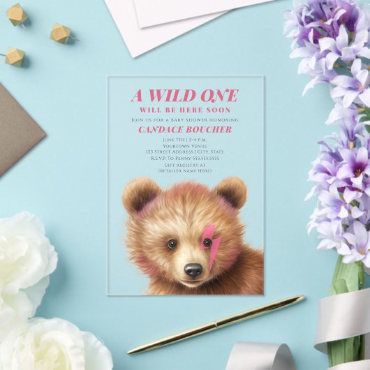 Wild One Lightning Bolt Cub Roze Baby shower Acryl Uitnodigingen (Insitu (Huwelijk))