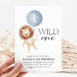Wild One Lion Blue Ballon Boys 1st Birthday Kaart<br><div class="desc">Wild One - Een schattige leeuw en een blauwe ballonjongen's eerste uitnodiging op Birthday - Het perfecte thema voor je eerste verjaardagsfeestje. Het aantal op ballon kan worden uitgegeven om een 2de verjaardag of om het even welke leeftijd aan te passen!</div>