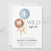 Wild One Lion Blue Ballon Boys 1st Birthday Kaart (Voorkant)