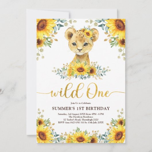 Wild One Lion Cub Sunflower Greenery 1e verjaardag Kaart (Voorkant)