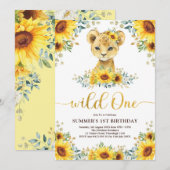 Wild One Lion Cub Sunflower Greenery 1e verjaardag Kaart (Voorkant / Achterkant)