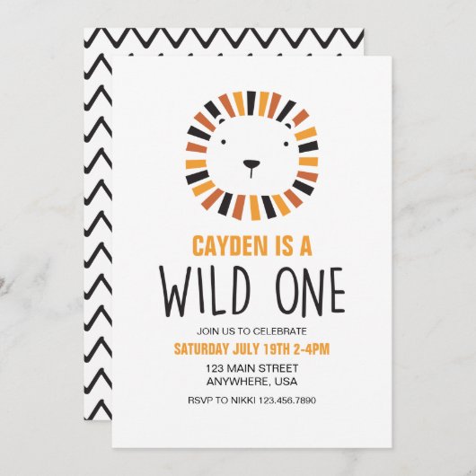 Wild One Lion First Birthday Invitation Kaart (Voorkant / Achterkant)