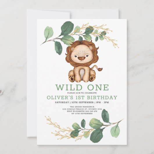 Wild One Lion Greenery Gold 1e verjaardag Kaart (Voorkant)