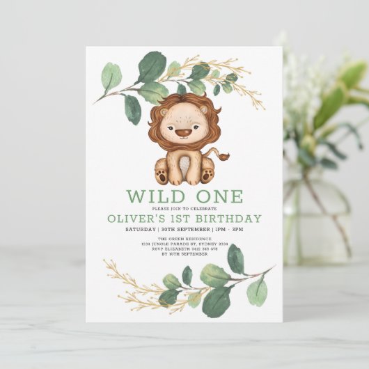 Wild One Lion Greenery Gold 1e verjaardag Kaart (Staand voorkant)