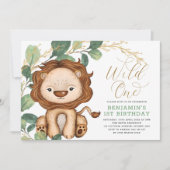 Wild One Lion Greenery Gold 1st Birthday Boy Kaart (Voorkant)