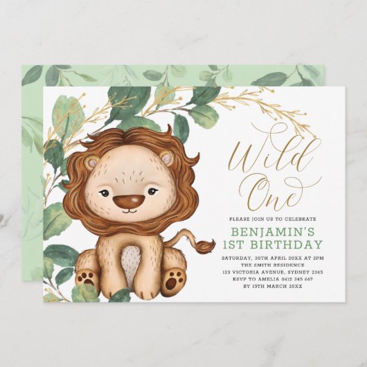 Wild One Lion Greenery Gold 1st Birthday Boy Kaart (Voorkant / Achterkant)
