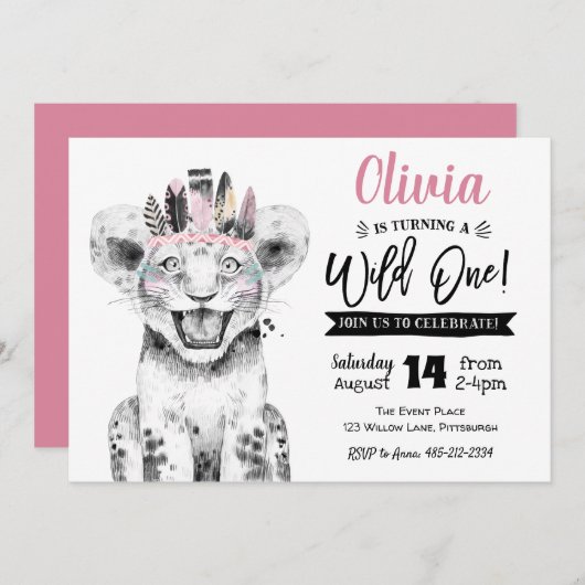 Wild One Lion | Meisje 1e Verjaardag uitnodiging (Voorkant / Achterkant)