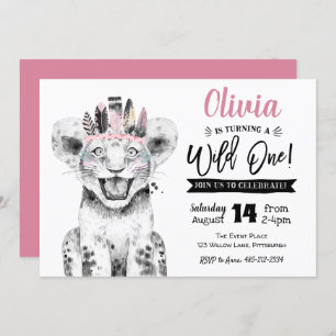 Wild One Lion   Meisje 1e Verjaardag uitnodiging