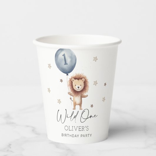 Wild One Lion Met Ballon Eerste Verjaardag Papieren Bekers (Voorkant)