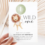 Wild One Lion Sage-ballonvaarders 1e verjaardag Kaart<br><div class="desc">Wild One - Een schattige leeuw en een sage groene ballonjongen's eerste uitnodiging op Birthday - Het perfecte thema voor je eerste verjaardag. Het aantal op ballon kan worden uitgegeven om een 2de verjaardag of om het even welke leeftijd aan te passen!</div>