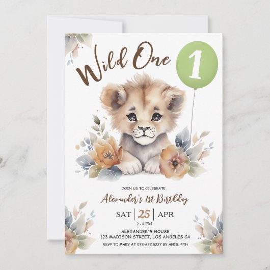Wild One Lion Sage Groene Ballon 1e Verjaardag Jon Kaart (Voorkant)