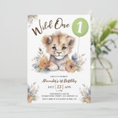 Wild One Lion Sage Groene Ballon 1e Verjaardag Jon Kaart (Staand voorkant)
