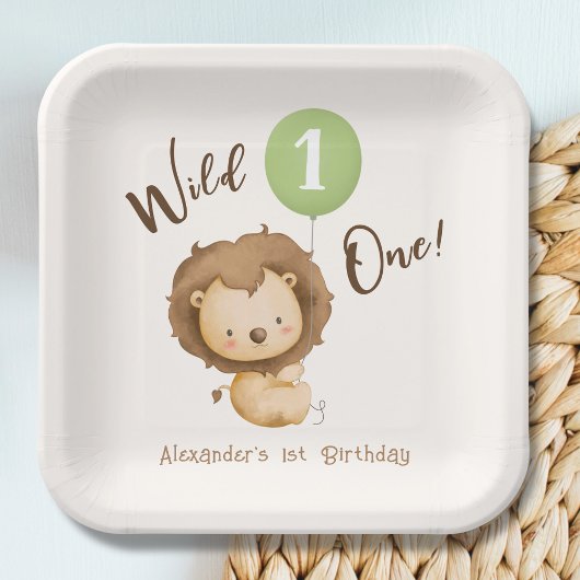 Wild One Lion Sage Groene Ballon Jongen 1e Verjaar Papieren Bordje