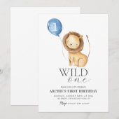 Wild One Lion Waterverf Balloon Boys 1st Birthday Kaart (Voorkant / Achterkant)