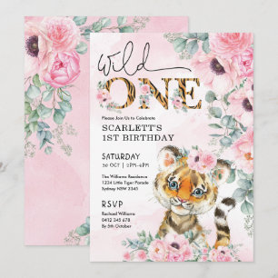 Wild One Little Tiger 1st Birthday Pink Floral Kaart
