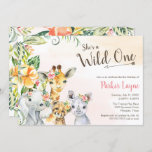 Wild One Lovely Safari Friends First Dag Kaart<br><div class="desc">Ze is een Wild One,  Eerste verjaardagsontwerp met prachtige safari diergezichten en tropische oerwouden bladeren. Pas deze tekst voor elke gelegenheid aan voor je kleine.</div>