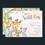 Wild One Lovely Safari Friends First Dag Kaart<br><div class="desc">Ze is een Wild One,  Eerste verjaardagsontwerp met prachtige safari diergezichten en tropische oerwouden bladeren. Pas deze tekst voor elke gelegenheid aan voor je kleine.</div>
