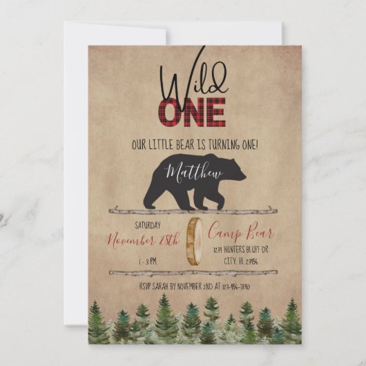 Wild One Lumberjack Birthday Printable Invitation Kaart (Voorkant)