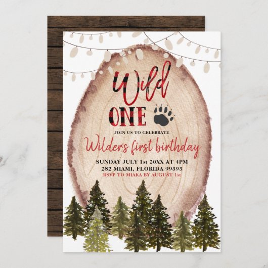 Wild One Lumberjack First Birthday Invitation Kaart (Voorkant / Achterkant)