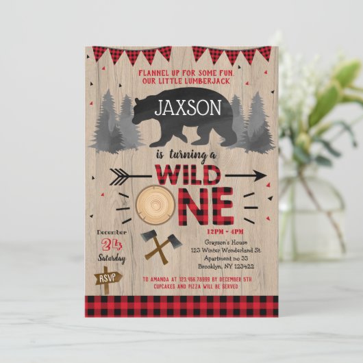 Wild One Lumberjack First Birthday Invitations Kaart (Staand voorkant)