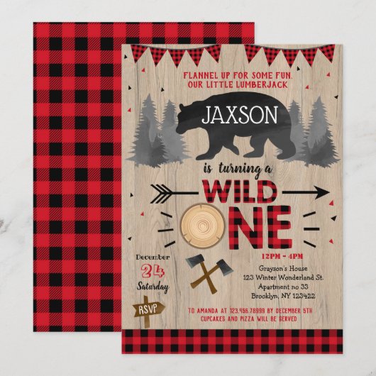 Wild One Lumberjack First Birthday Invitations Kaart (Voorkant / Achterkant)