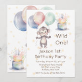 Wild One Monkey en Ballonnen 1e. verjaardagsfeestj Kaart (Voorkant / Achterkant)