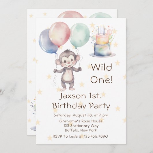 Wild One Monkey en Ballonnen 1e. verjaardagsfeestj Kaart (Voorkant / Achterkant)