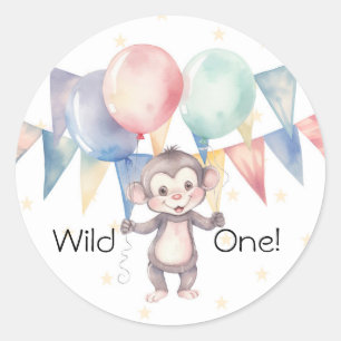 Wild One Monkey en Ballonnen 1e. verjaardagsfeestj Ronde Sticker