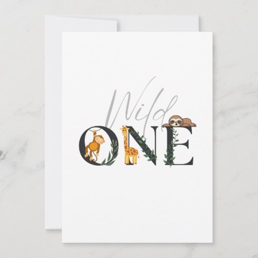Wild One-Monkey, Giraffe, Sloth Oerwoud Uitnodigen Kaart (Achterkant)