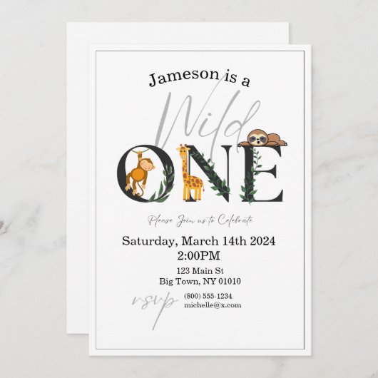 Wild One-Monkey, Giraffe, Sloth Oerwoud Uitnodigen Kaart (Voorkant / Achterkant)
