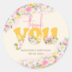 Wild One Mosterd & Roze Wilde Bloem Dank Je Ronde Sticker