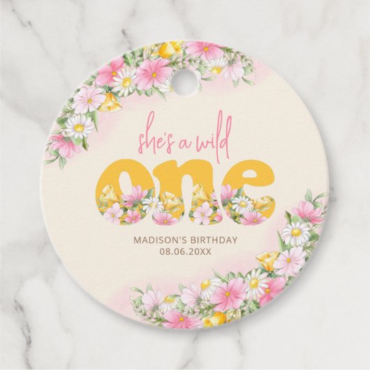 Wild One Mosterd & Roze Wildflower Verjaardag Bedankjes Labels (Voorkant)