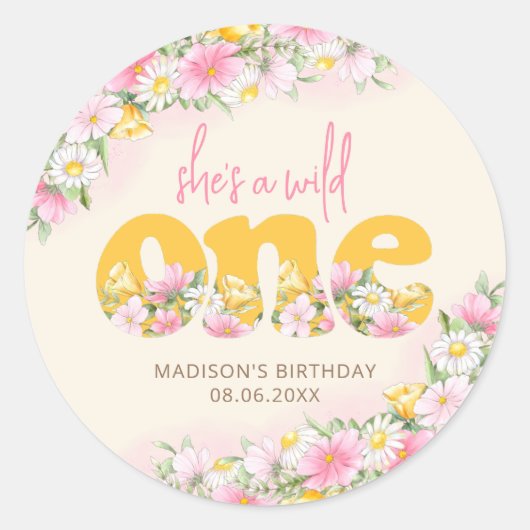 Wild One Mosterd & Roze Wildflower Verjaardag Ronde Sticker (Voorkant)