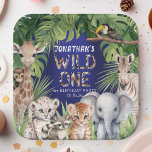 Wild one Navy Blue Safari oerwoud 1e verjaardag Papieren Bordje<br><div class="desc">Vier de eerste reis van je kleintje rond de zon met onze "Wild One Safari Animals Oerwoud Boy 1st Birthday Paper Borden", ideaal voor het toevoegen van een vleugje avontuur aan het verjaardagsbad van je zoon. Elk bord is prachtig ontworpen met een charmant ensemble van waterverf safaridieren, waaronder een giraffe,...</div>