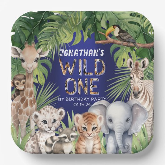Wild one Navy Blue Safari oerwoud 1e verjaardag Papieren Bordje (Voorkant)