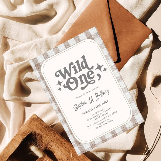Wild One Neutral Gingham 1e verjaardag Kaart