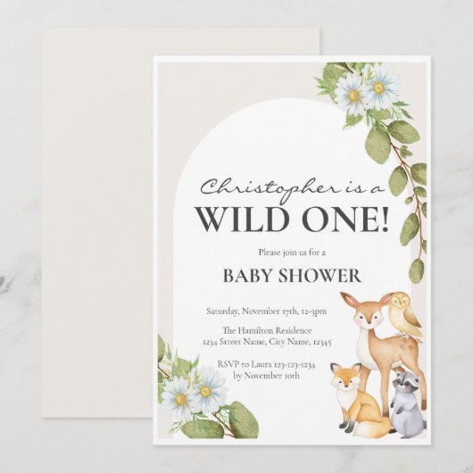 Wild One Neutral Woodland Baby shower Invitation Kaart (Voorkant / Achterkant)