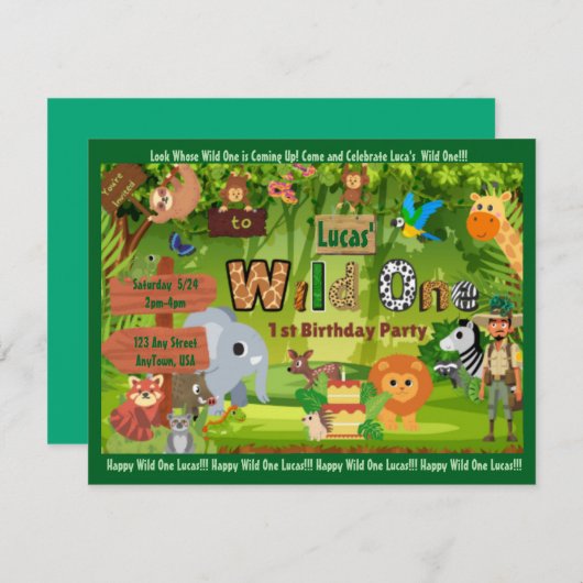 Wild One Oerwoud 1e verjaardag Uitnodiging (Voorkant / Achterkant)